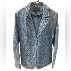 NWOT Solitaire Paisley Denim Blazer Blue Jacquard Jacket – Size L.